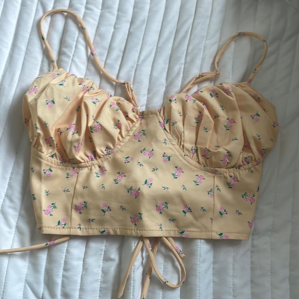 yellow and pink flower crop top backless